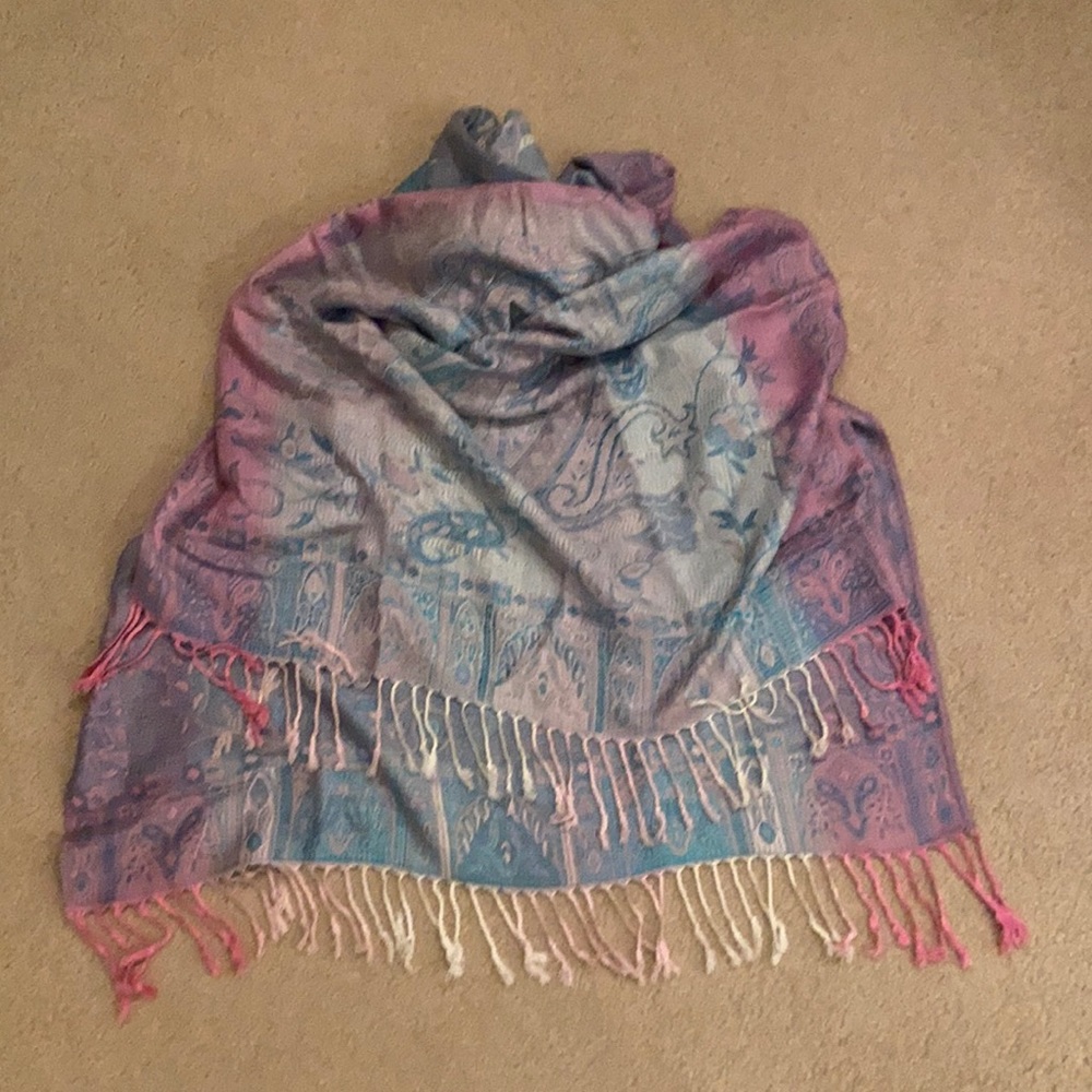 Cashmere Scarf, pink, aqua, & white